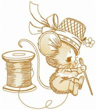 Mouse puts a string into a needle embroidery design
