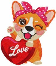 Corgi with red heart embroidery design