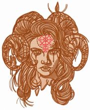 Horny demon with pictograph on forehead embroidery design