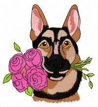 German Shepherd with roses embroidery design
