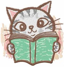 Cat reading blue book embroidery design