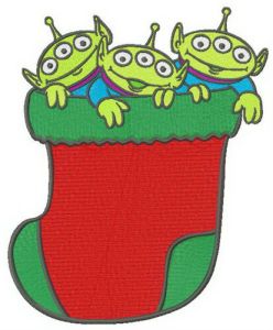 Little Green Men in Christmas sock embroidery design