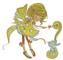 Fairy in polka dot dress with bunny embroidery design