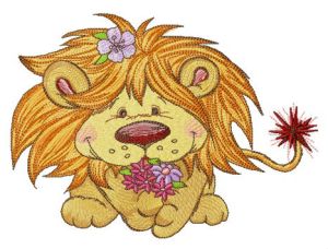 Lion with bouquet of spring flowers embroidery design