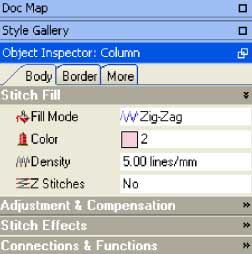 Object inspector in embroidery software