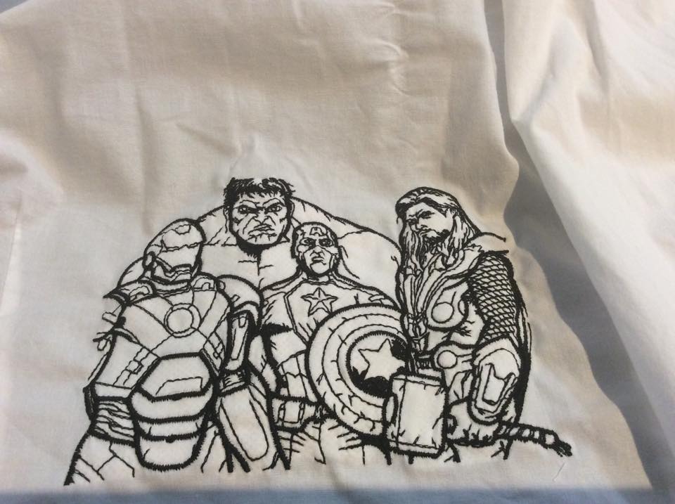 Avenger design on embroidered jacket.