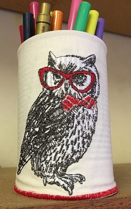Glass for pencils with owl embroidery design