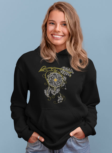 hoodie with dandelion dreamcatcher featuring smiling young woman