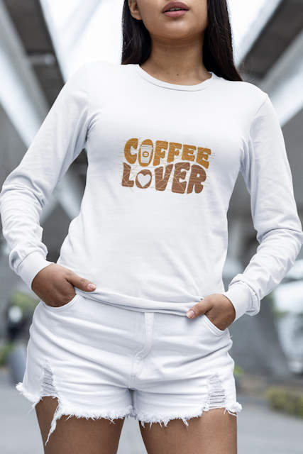 woman wearing a round neck with coffee lovers free embroidery design
