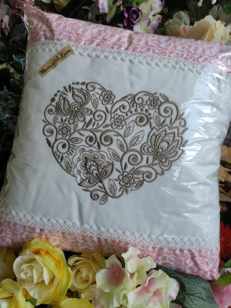 Adorable embroidered  cushion with heart and lace