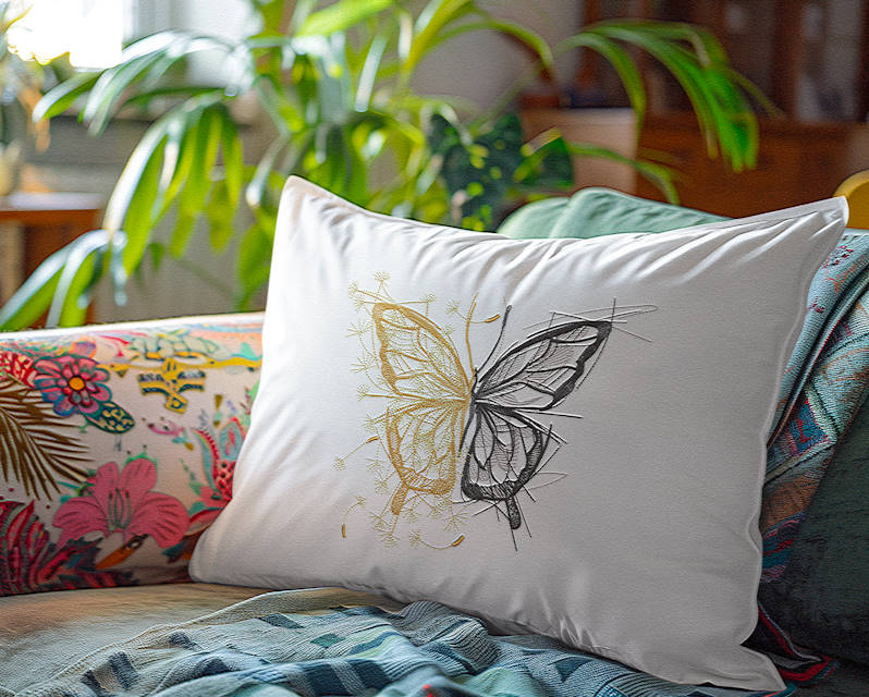 pillow with butterfly embroidery design living room featuring kitsch style