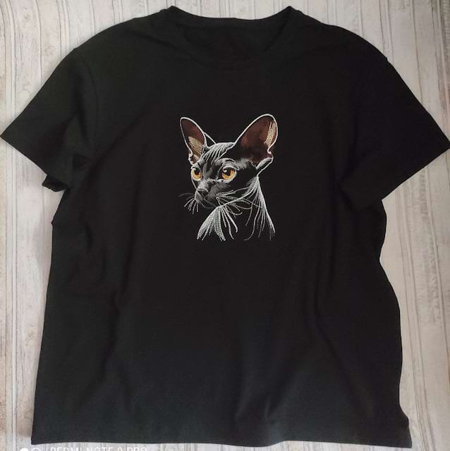 Black t-shirt with Sphynx cat embroidery design