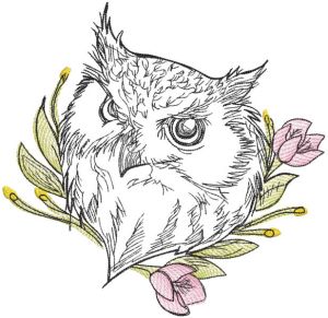 Sketch owl with flower embroidery design