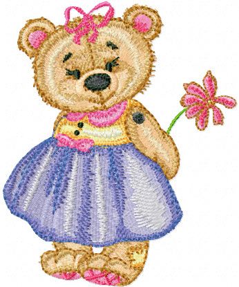 Old Toys Girl Teddy Bear with Flower machine embroidery design