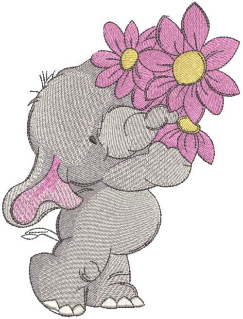 Elephant with bouquet pink flower machine embroidery design 