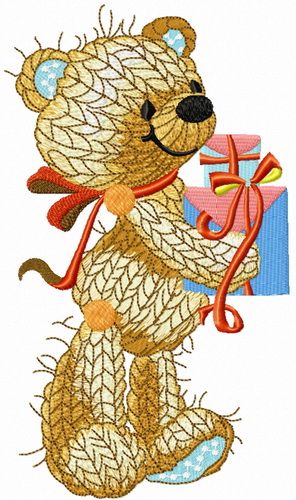 Knitted bear with present machine embroidery design