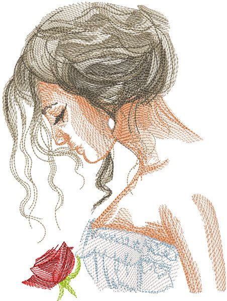 Woman with rose sketch embroidery design