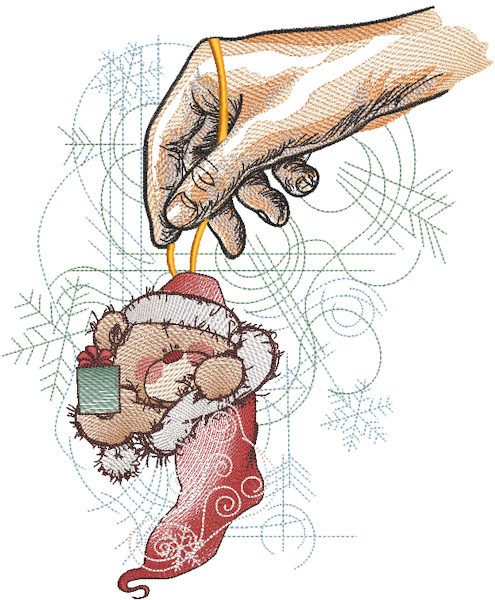 Hand holding Christmas sock with teddy bear embroidery design