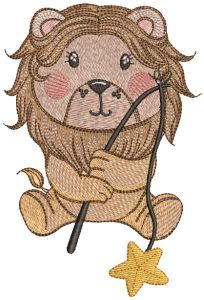 Lion with fishing rod catching star embroidery design