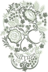 Desenho de bordado de caveira de flores e frutas