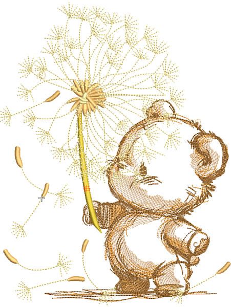 Teddy bear with dandelion embroidery design