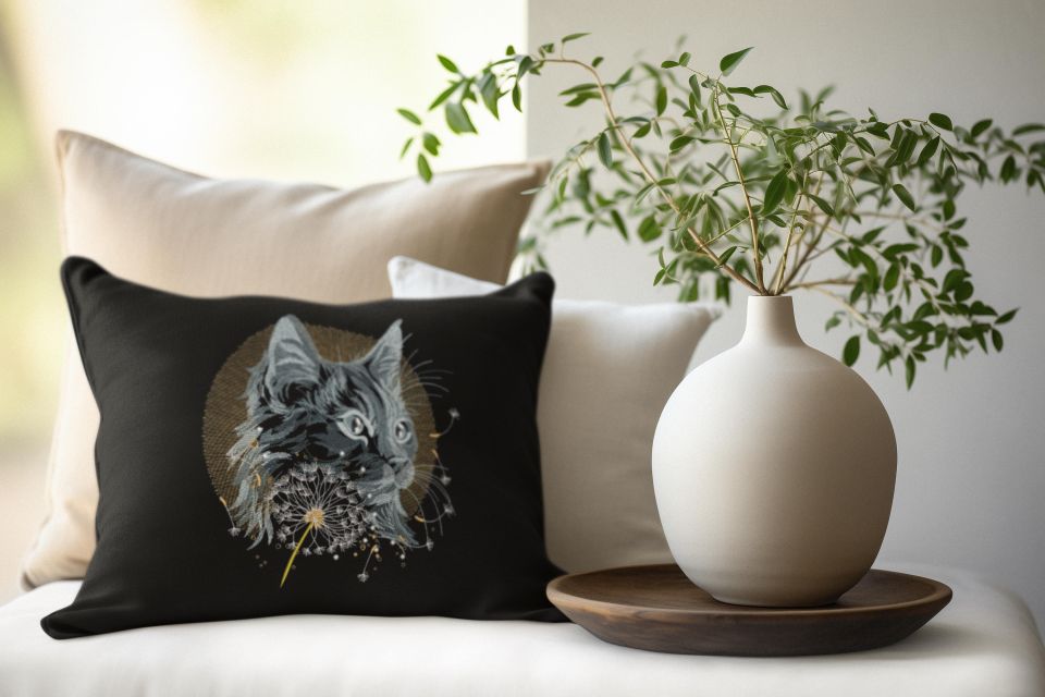 pillow with Cat and dandelion embroidery design featuring relaxing