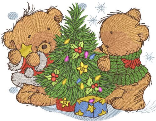 Bear decorating New Year tree machine embroidery design