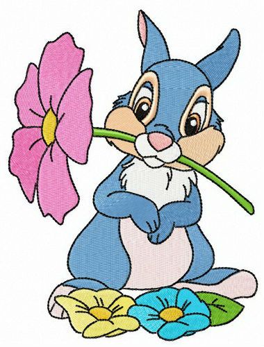 Thumper with pink flower machine embroidery design