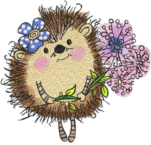 Hedgehog with bouquet lilac flowers embroidery design