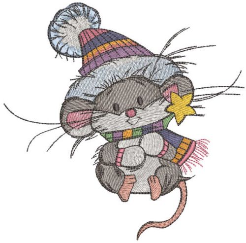 Mouse in a knitted hat embroidery design