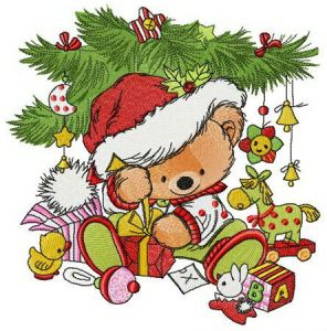 Bear unpacking gift embroidery design