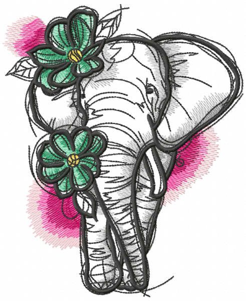 Sketch Elephant with flowers embroidery design