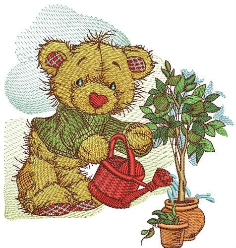 Bear watering lemon machine embroidery design