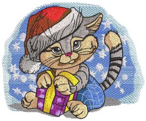 Kitten in santa hat with a gift under snow embroidery design