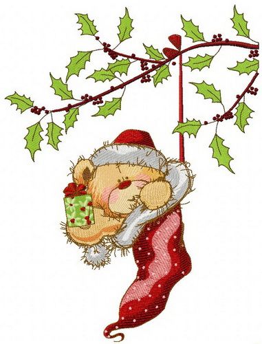 Teddy in Christmas sock machine embroidery design