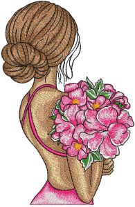 Pretty woman in summer dress holding bouquet embroidery design