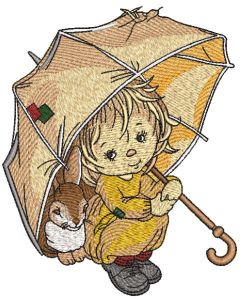 Girl and hare under old umbrella