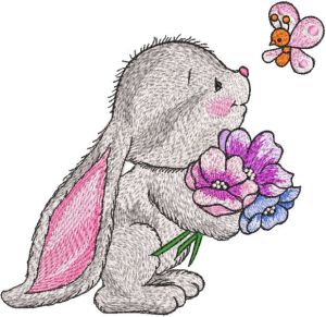 Bunny with bouquet of flowers looks at butterfly embroidery design