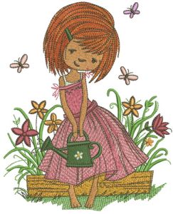 Girl with watering can embroidery design