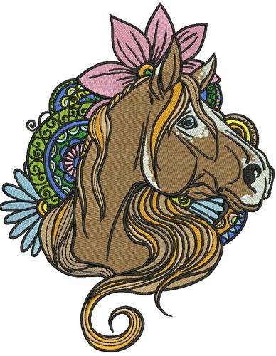 Horse with lotus flower machine embroidery design