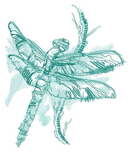 Dragonfly sitting on branch machine embroidery design