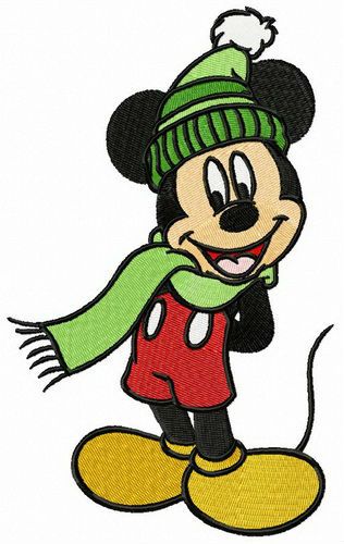 Mickey wear warm hat and scarf machine embroidery design