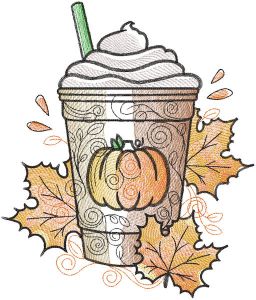 Diseño de bordado de hojas de café con leche de calabaza de otoño