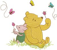 Winnie the Pooh und Ferkel auf der Wiese, kostenloses Stickdesign