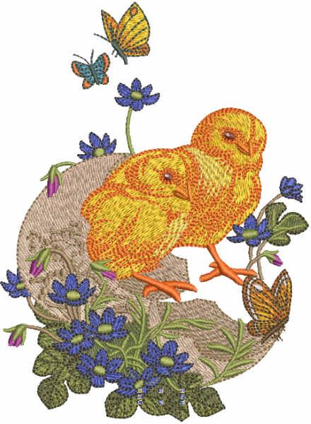 Two newborn chickens in nature embroidery design