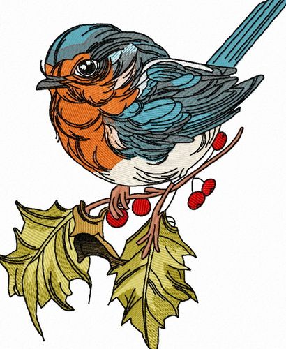 Robin on branch of holly 3 machine embroidery design