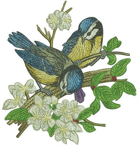 Blue tits on apple tree machine embroidery design