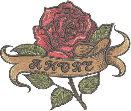 Rose with amore ribbon embroidery design