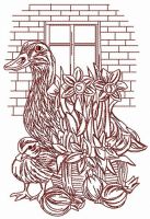 Ducks near brick wall embroidery design