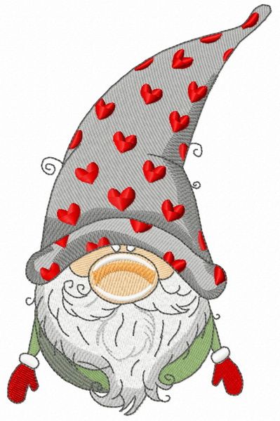 Gnome in phrygian cap with hearts machine embroidery design